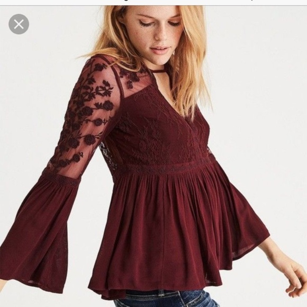 AE Embroidered Mesh Bell-Sleeve Blouse Burgundy